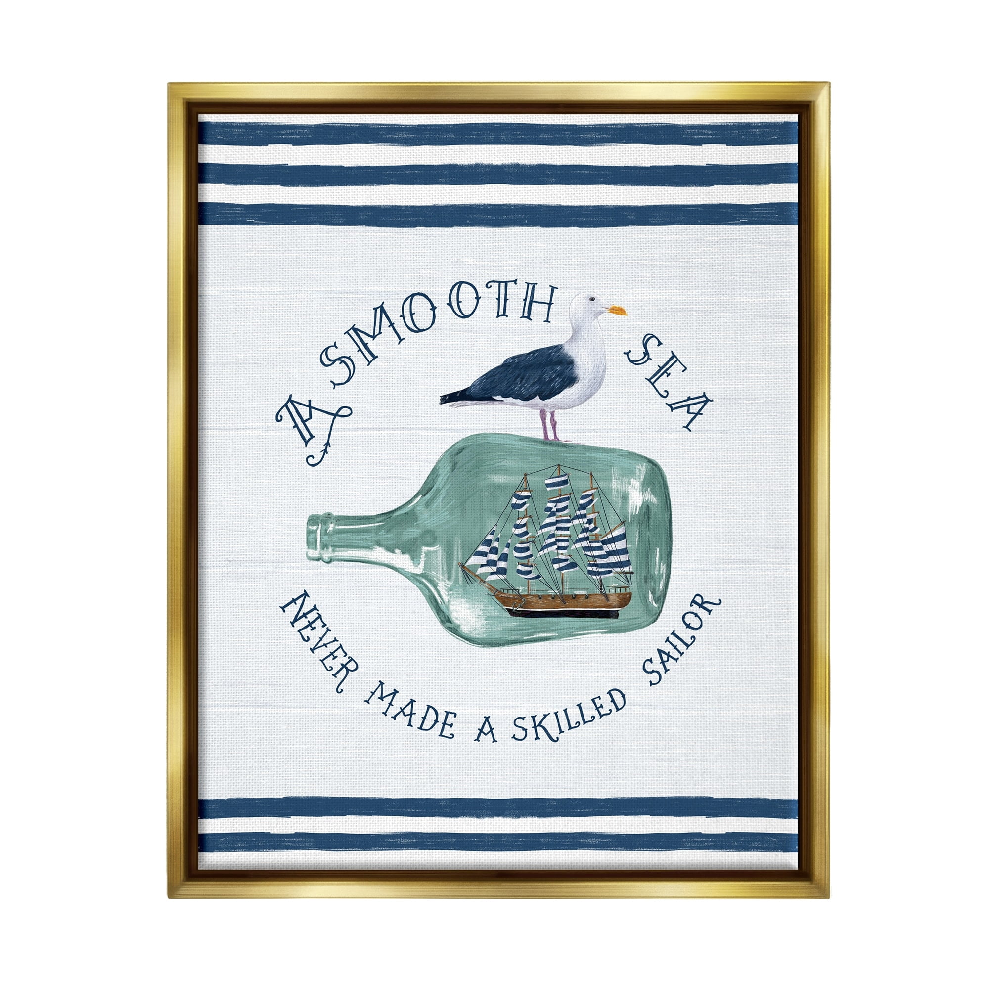 Stupell Industries Ship In Bottle Seagull Striped Nautical Phrase Graphic Art Metallic Gold Floating Framed Canvas Print Wall Art, Design by Raquel Maciel