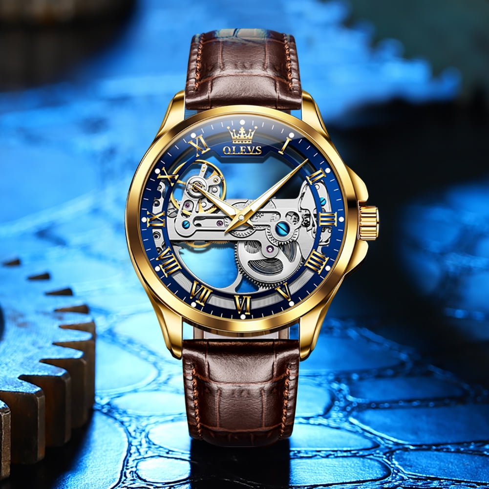 OLEVS Automatic Watches for Men Skeleton Brown Leather Band Large Face Self Winding Mechanical Mens Dress Watches Waterproof Easy to Read Luminous Business Casual Mens Wrist Watches Reloj Para Hombre