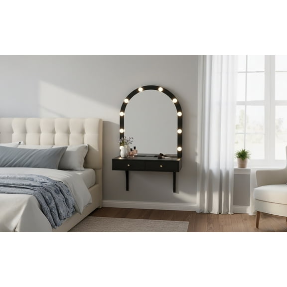 LiviNest Wall Mounted Makeup Vanity Desk with LED Mirror 3 Color Lights, Compact Floating Dressing Table with Power Outlet USB Charging and 2 Drawers for Bedroom Bathroom, Black