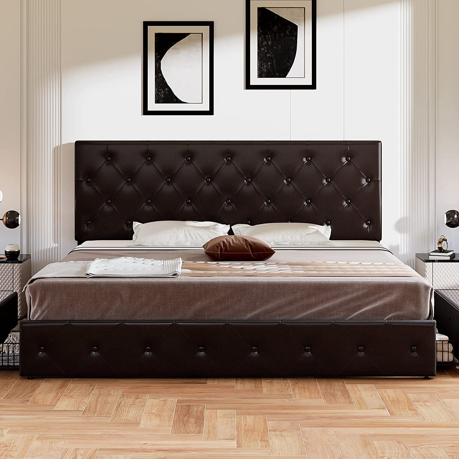 Allewie Upholstered King Size Platform Bed Frame with 4 Storage Drawers and Headboard, Diamond Stitched Button Tufted, Black Brown