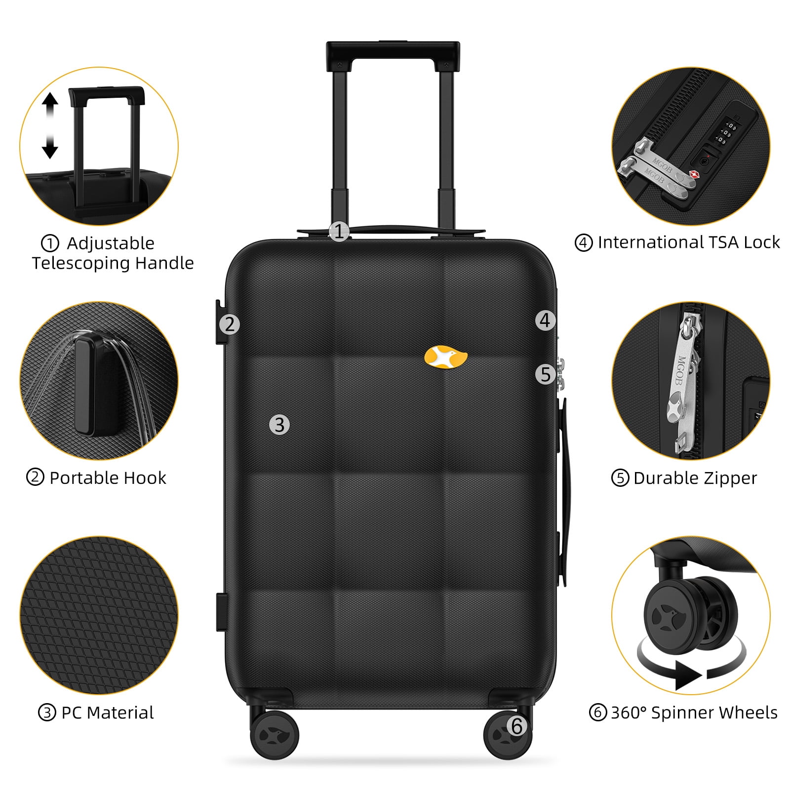 MGB Hardside 20“ Carry On Luggage with Spinner Wheels & Built-in TSA Lock, Durable Suitcase Rolling Luggage with Scratch-Resistant Surface, Carry-On 20-Inch Black
