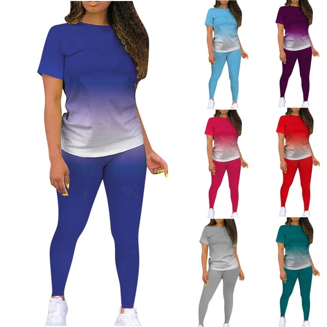 WRKEKC Ensembles Deux Pièces pour Femmes, Tenues Décontractées pour Femmes, Hauts à Manches Courtes Col Rond Imprimé Dégradé, Leggings, Pantalons, Survêtements Ensembles Deux Pièces