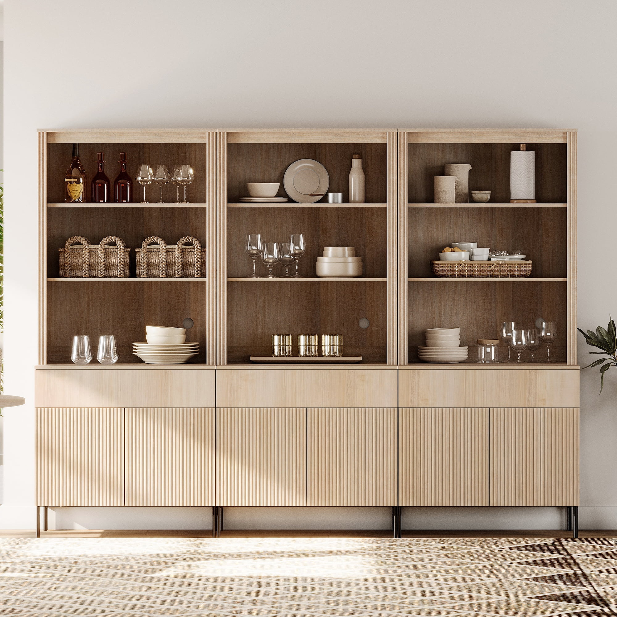 71.6"H X 94.5"W Set Of 3 Bookcase with Storage Cabinets, 15 Tier Bookshelf with Fluted Doors and Drawers, Large Modern Display Cabinet For Living Room Bedroom Home Office Kitchen