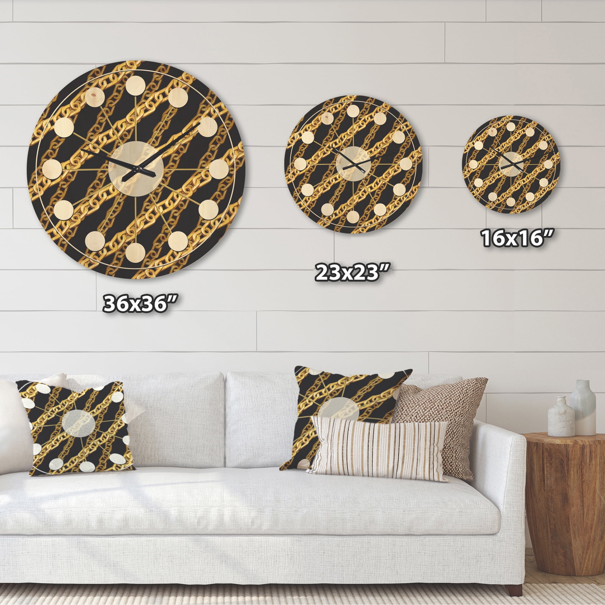 Designart 'Golden ZigZag Chain On Black' Mid-Century Modern Wood Wall Clock