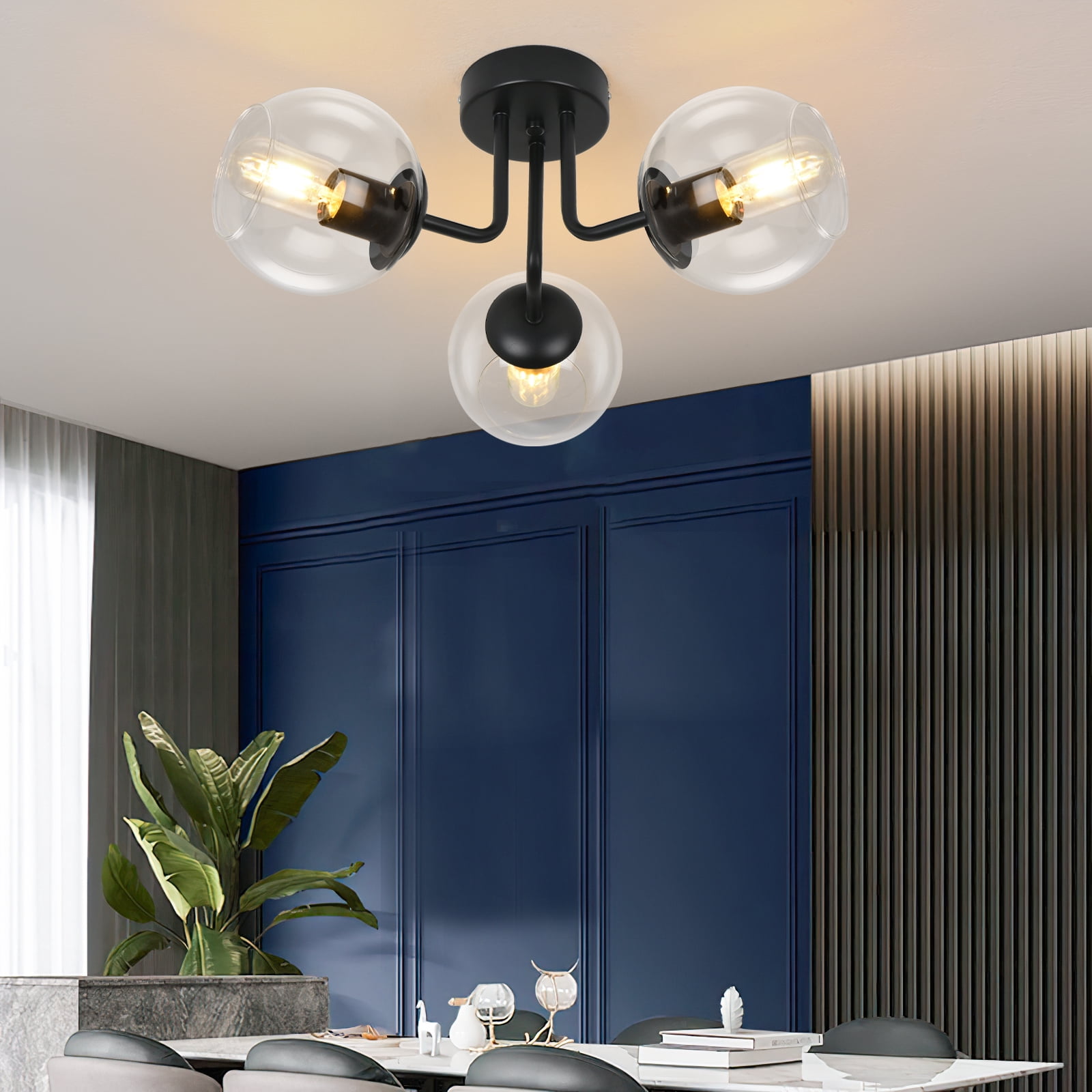 GoYeel 3 Light Black Global Ceiling Light Glass Shade Modern Close to Ceiling Light for Dining Room Kitchen Island Entryway Foyer