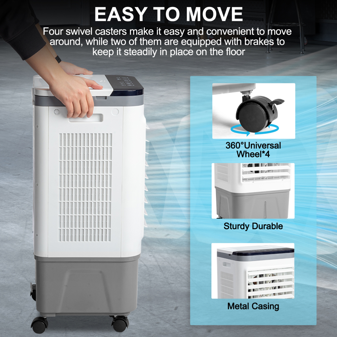 3-in-1 Portable Evaporative Cooler 720R, 461CFM Airflow with 5.28Gal Tank & Ice Packs, 40° Oscillation for 215 Sq Ft, Remote Control & Wheels, Indoor/Outdoor Use, Gray White