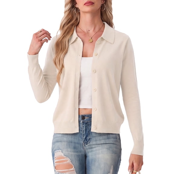 JWD Womens Cardigan Collared Knit Button Front Long Sleeve Sweater Top Lightweight Casual Layering Cardigan Oatmeal L