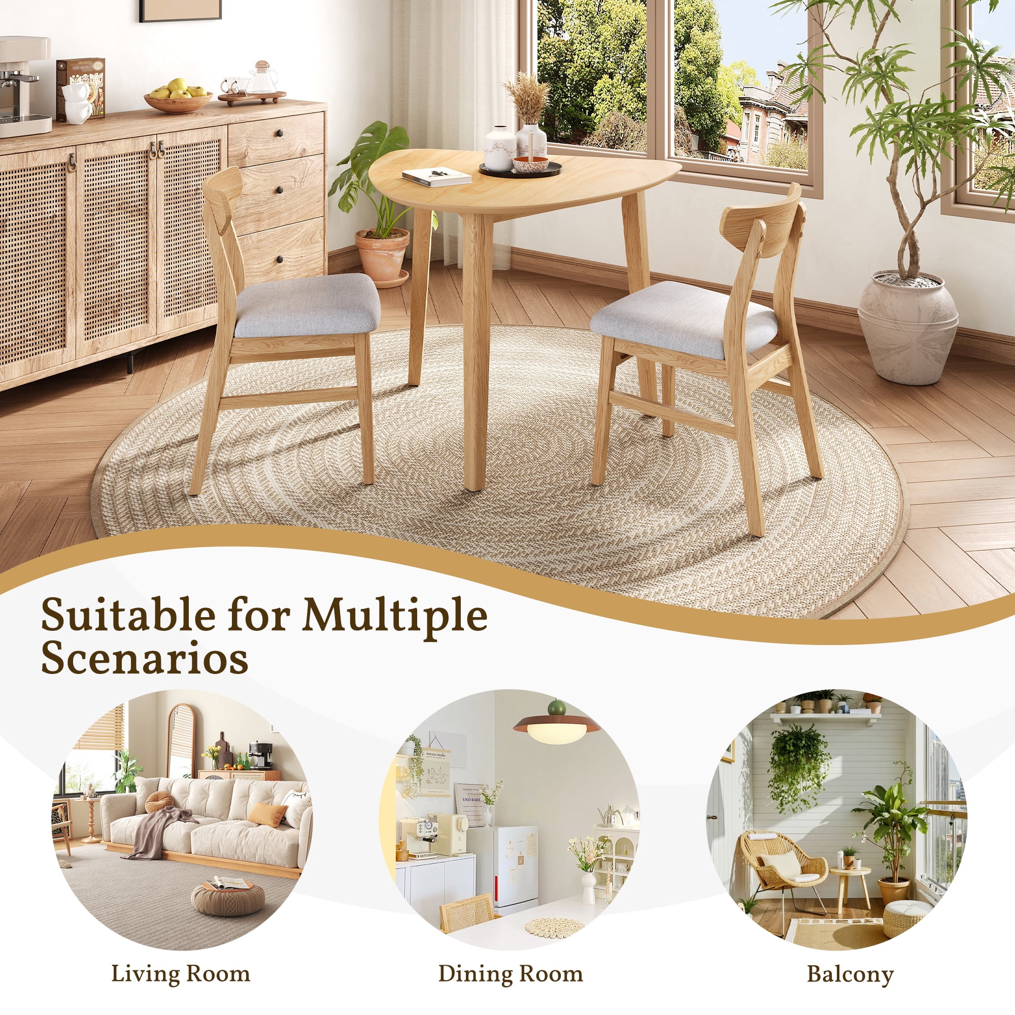 Euroco 3-Piece Dining Table Set for 2, Triangular Side Table with 2 Curved Chairs,Compact Kitchen Table Set for Kitchen Living Room,Small Space,Natural