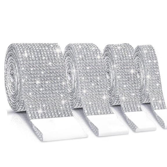 4Rolls of Rhinestone Ribbon, 4-Yard Silver Self-Adhesive Rhinestone Ribbon, Bling Crystal Diamond Ribbon Roll, Glittering Rhinestone Stickers for Car Decoration, DIY, Arts & Crafts, and Weddings