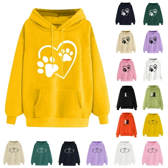 DDAPJ pyju Cute Hoodies for Women Clearance Sales, Dog Paw Heart Print Hooded Sweatshirt Teen Girls Loose Casual Pocket Hoodie Long Sleeve Drawstring Pullover Sweatshirts S - 3XL