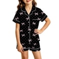 thumbnail image 4 of CAIVO 2 Piece Pajama Sets Girls Lapel Short Sleeve Button Down Shirt With Shorts Casual Loungewear Sleepwear For Toddler Kids Soft Breathable Summer Nightclothes Bowknot Printed Homewear, 4 of 4
