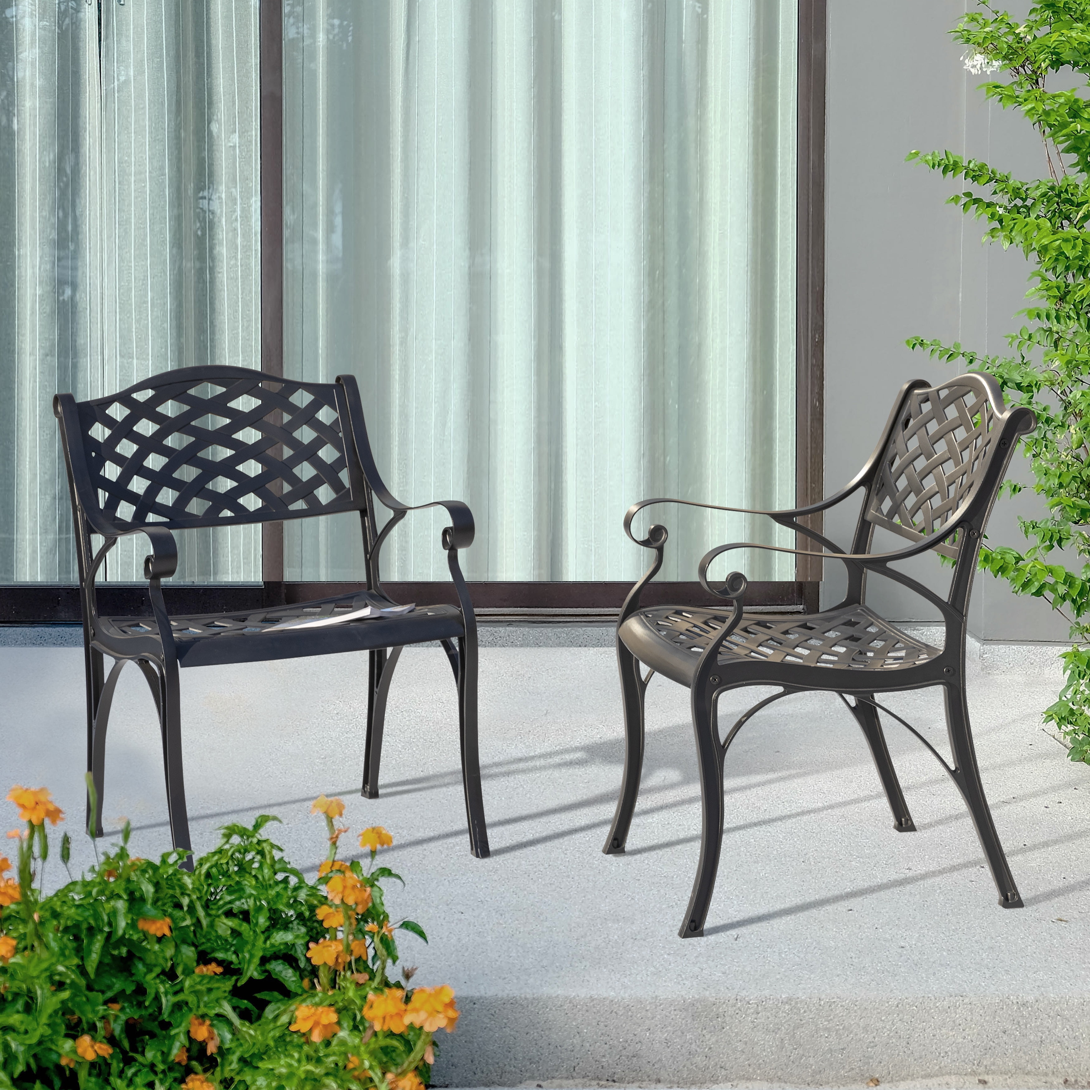 Nuu Garden 2 Piece Bistro and Dining Chairs Set, Aluminum Outdoor Indoor Patio Chairs with Arms for Garden, Backyard, Porch, Black with Gold Speckles
