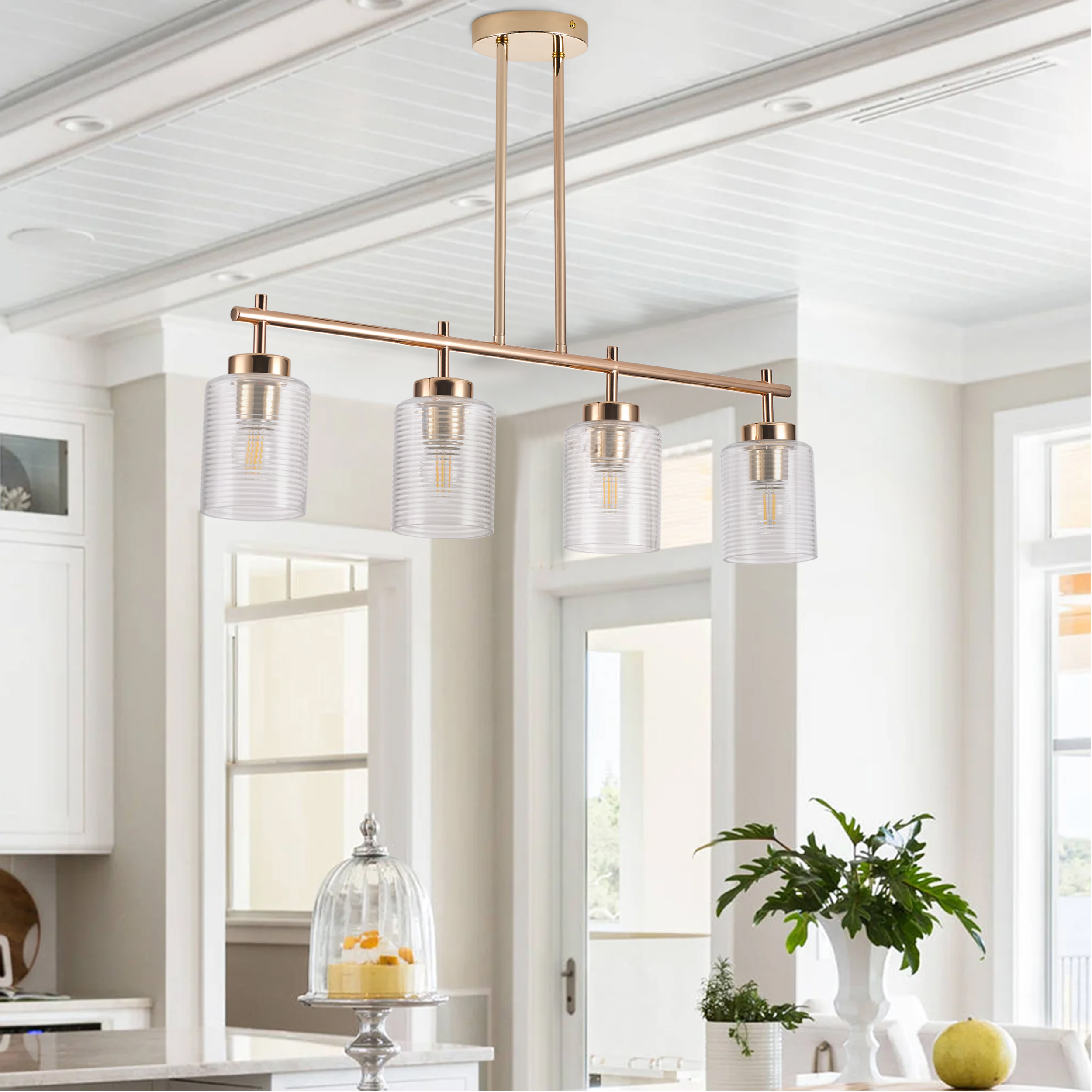 4-Light Classic Farmhouse Pendant Light, Brushed Gold Modern Hanging Ceiling Lighting Fixture for Living Room Bedroom Kitchen Hallway