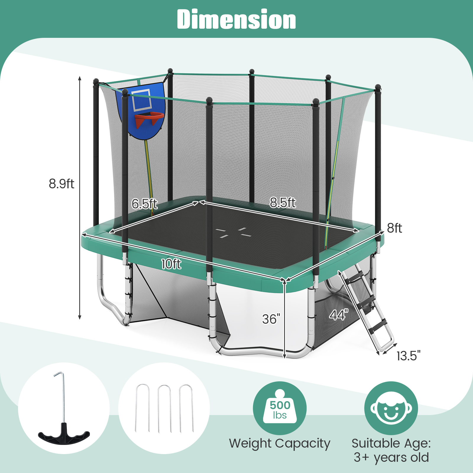 Gymax 10 x 8 FT Heavy-Duty Trampoline w/Basketball Hoop Soccer Goal Non-Slip Ladder Green