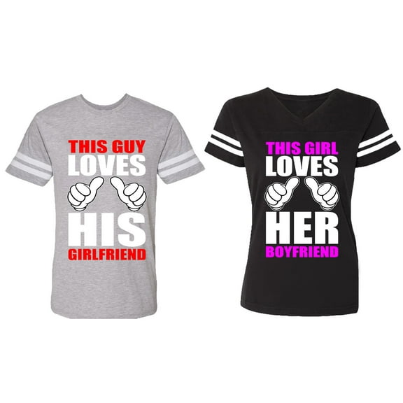 This Guy Lovs His Her Girlfriend Boyfriend Matching Couple Cotton Jerseys (Men Heather / Women Black) (Men S / Women S)
