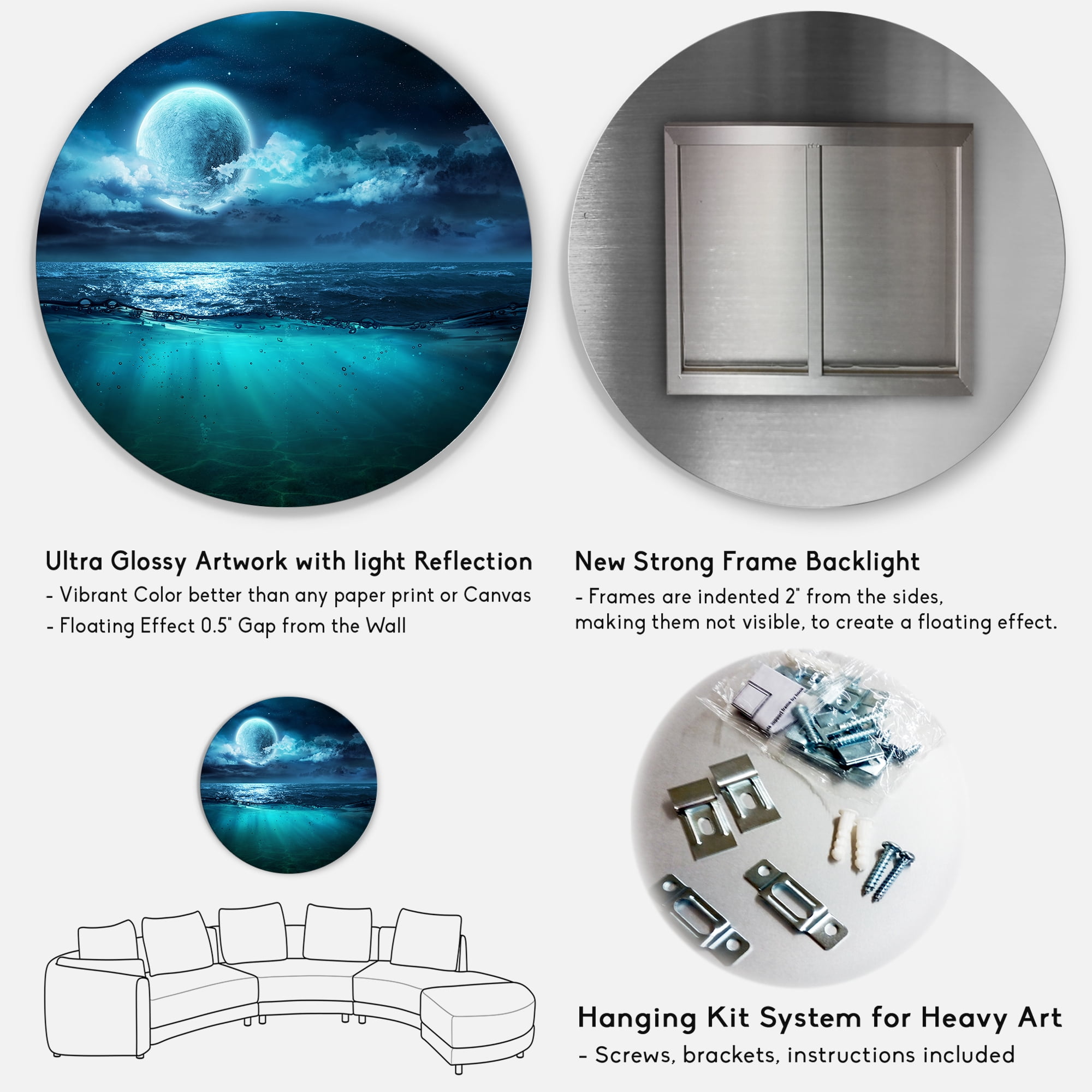 Designart 'Romantic Moon and Clouds Over Deep Blue Sea II' Nautical & Coastal Circle Metal Wall Art 29x29 - Disc of 29