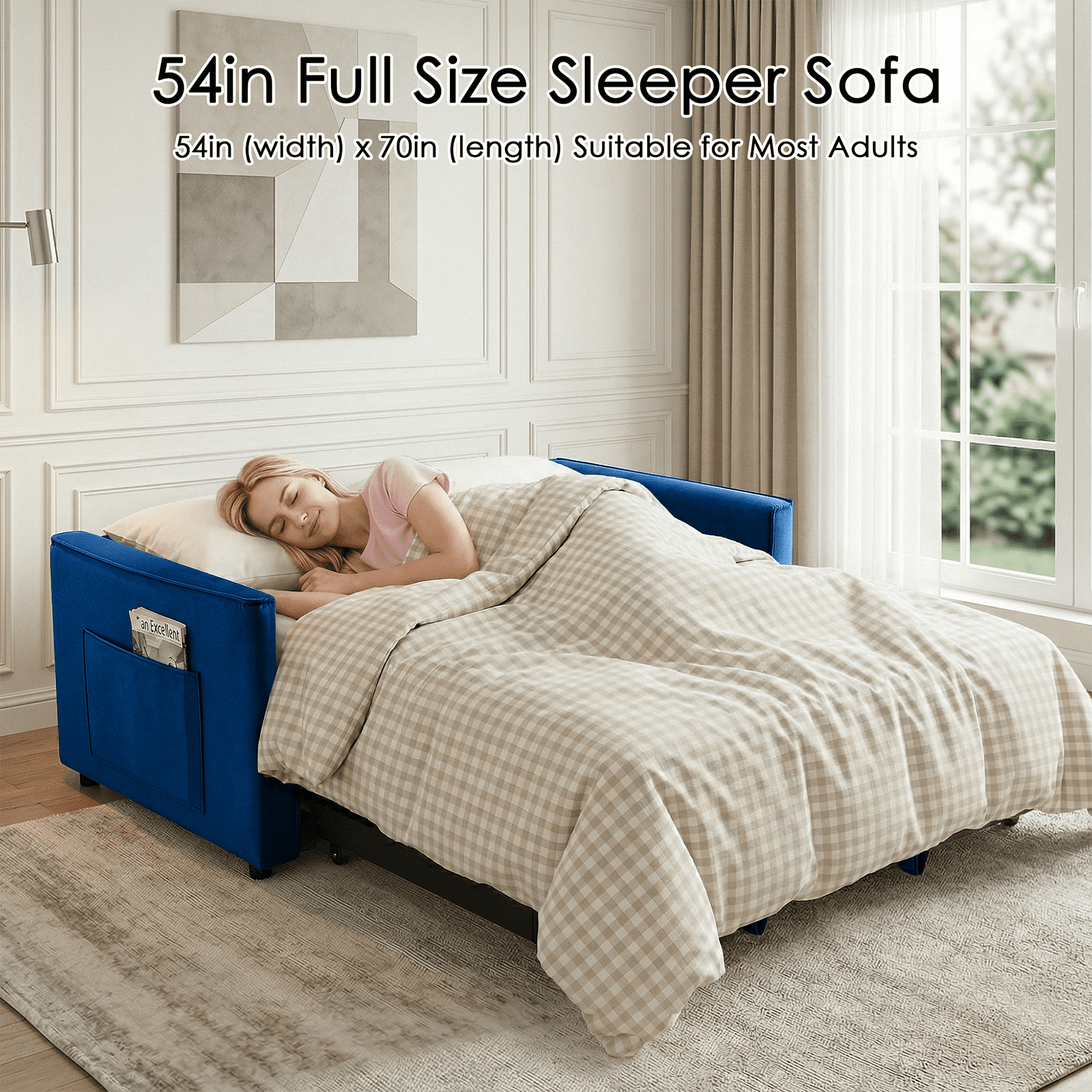 Amuille 3 in 1 Convertible Sleeper Sofa Bed, 54" Velvet Fabric Loveseat, Pull Out Couch for Living Room and Apartment (Blue)