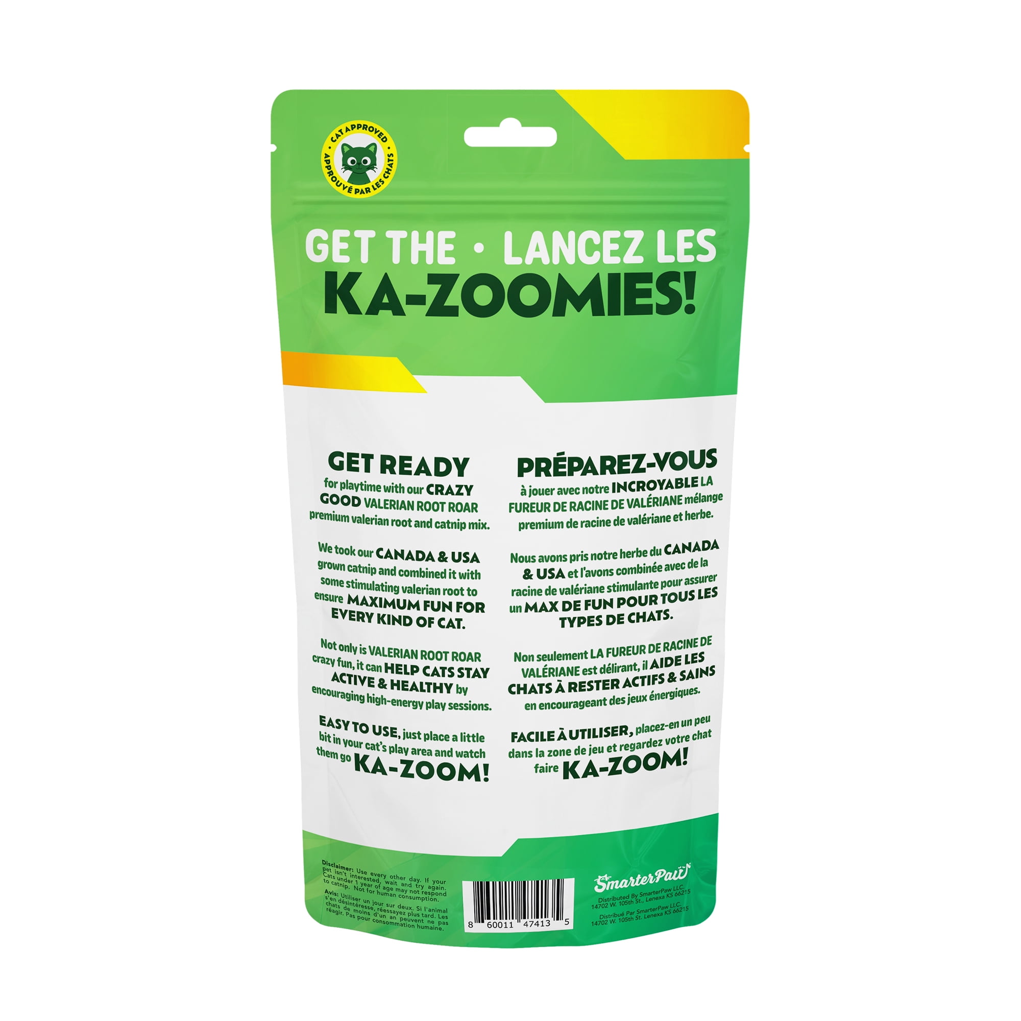 Kitty Ka Zoom Roar Mélange d'herbe à chat, de racine de valériane et d'herbe à chat pour chats, sachet refermable de 49,6 g (1,75 oz).