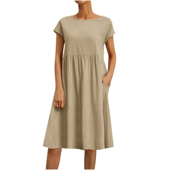 Summer Dress Saving! Women's Casual Cotton Linen Solid Round Neck Short Sleeve Dress Midi Leisure Dress Khaki S