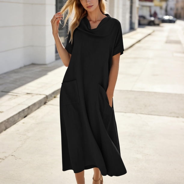 Chiccall Women's Solid Color Short Sleeve Linen-Like Maxi Dress, Casual Loose Fit Pocket Flowy Long Dresses for Summer