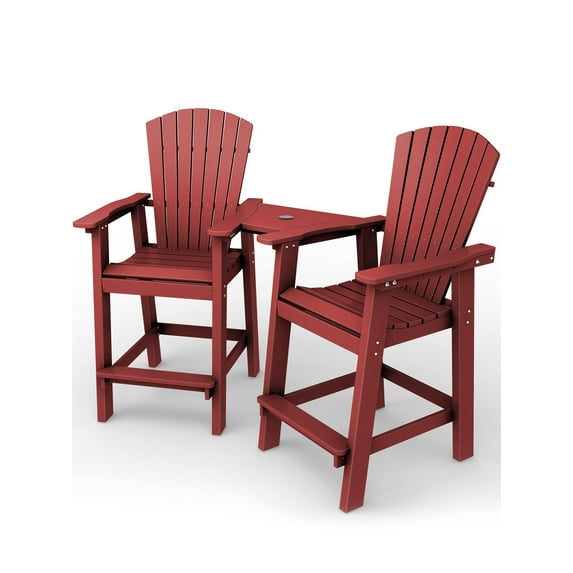 Wulful Tall Adirondack Chair Set w/ 2 Outdoor Barstools and Connecting Tray for Patio Umbrella, Red