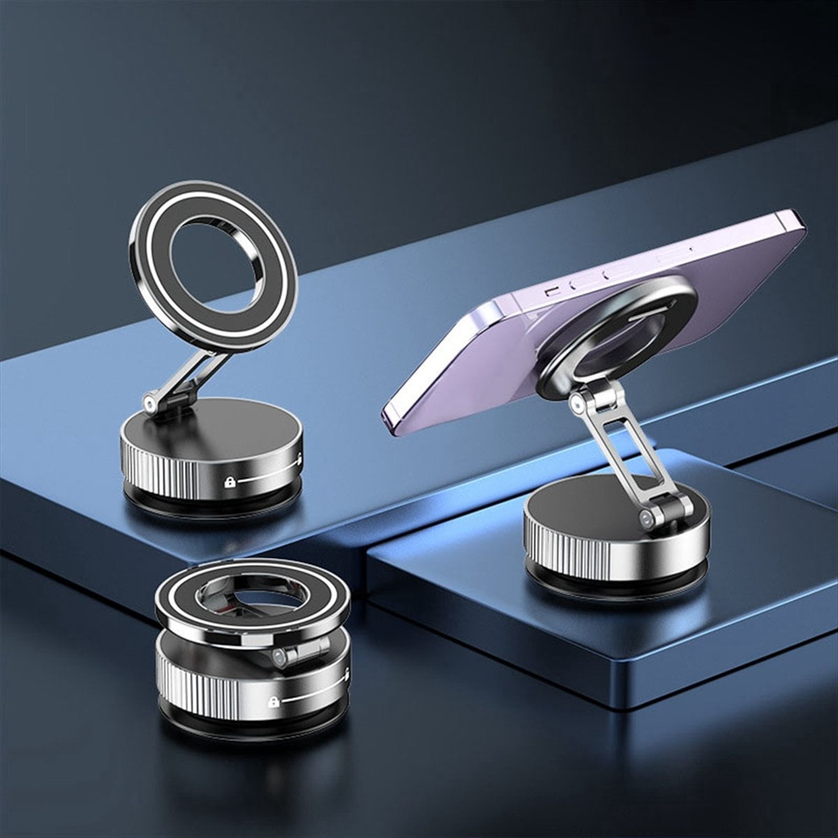 Car Mount Vacuum Magnetic Holder Foldable Strong Suction Stand with Metal Hinges for Cell Phone Silver