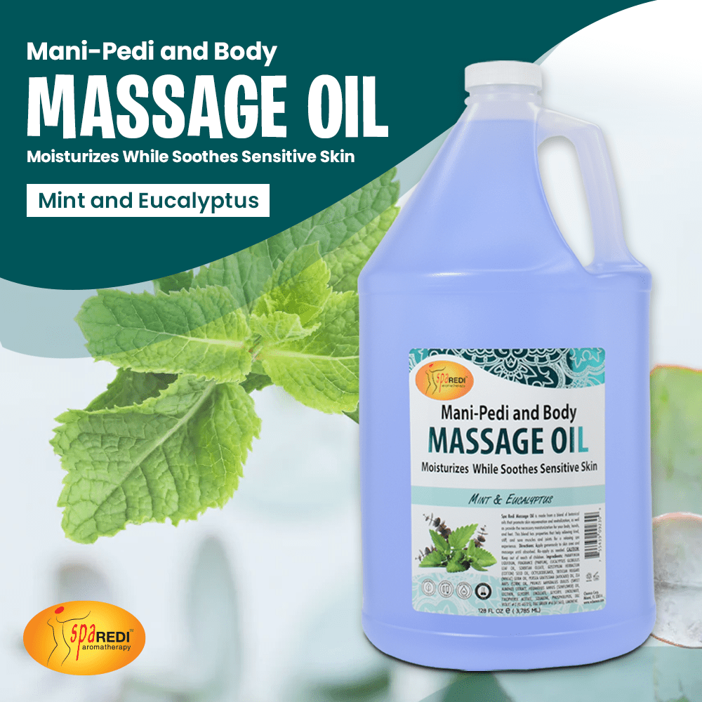 SPA REDI - Massage Oil, Mint Eucalyptus, 128 Oz - Professional Pedicure, Manicure, Body Massage Therapy, Made with Almond Oil, Cotton Seed Oil, Sunflower Oil, Avocado Oil, Essential Oils, Vitamin E