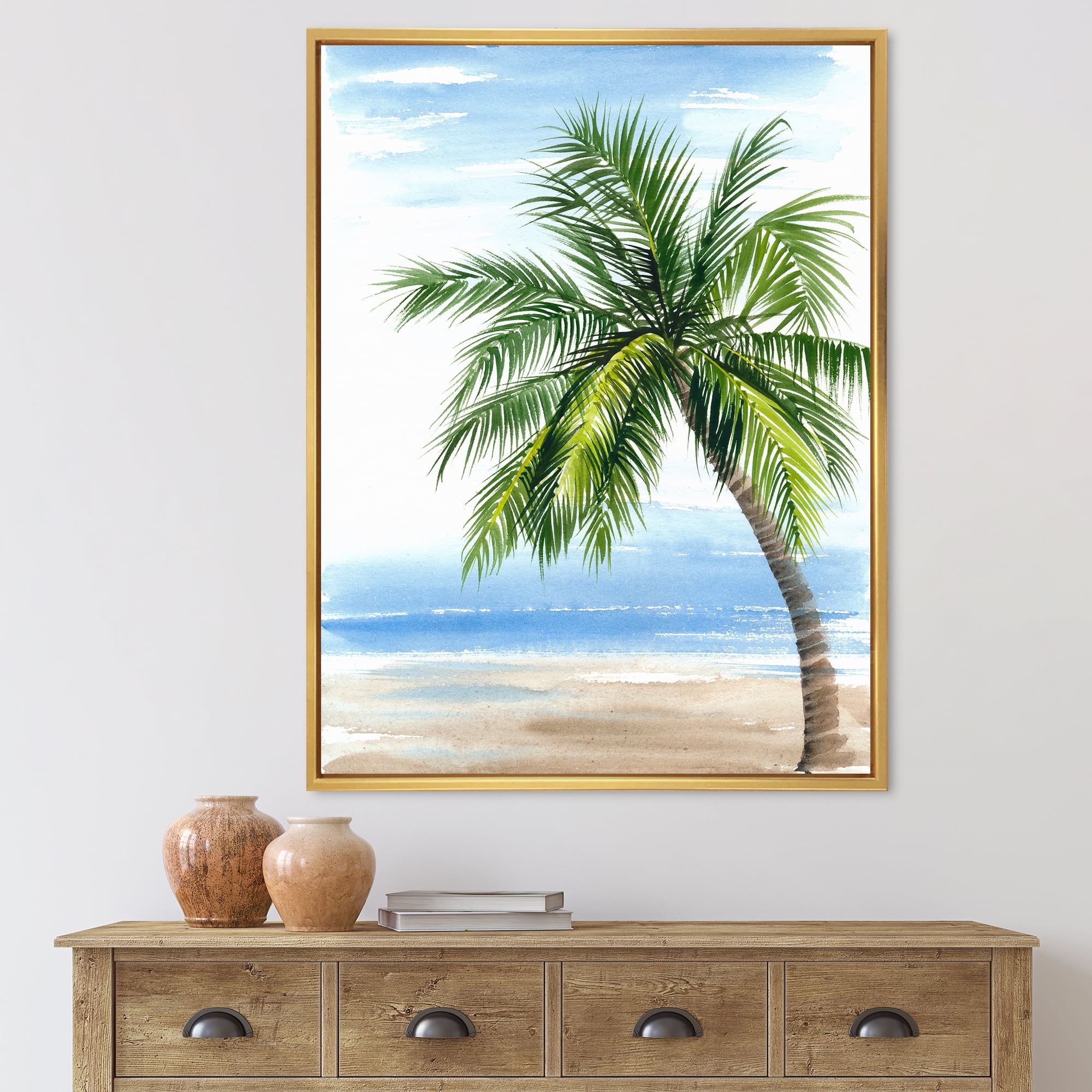 Designart 'Palm Tree At The Beach' Nautical & Coastal Framed Canvas Wall Art Print