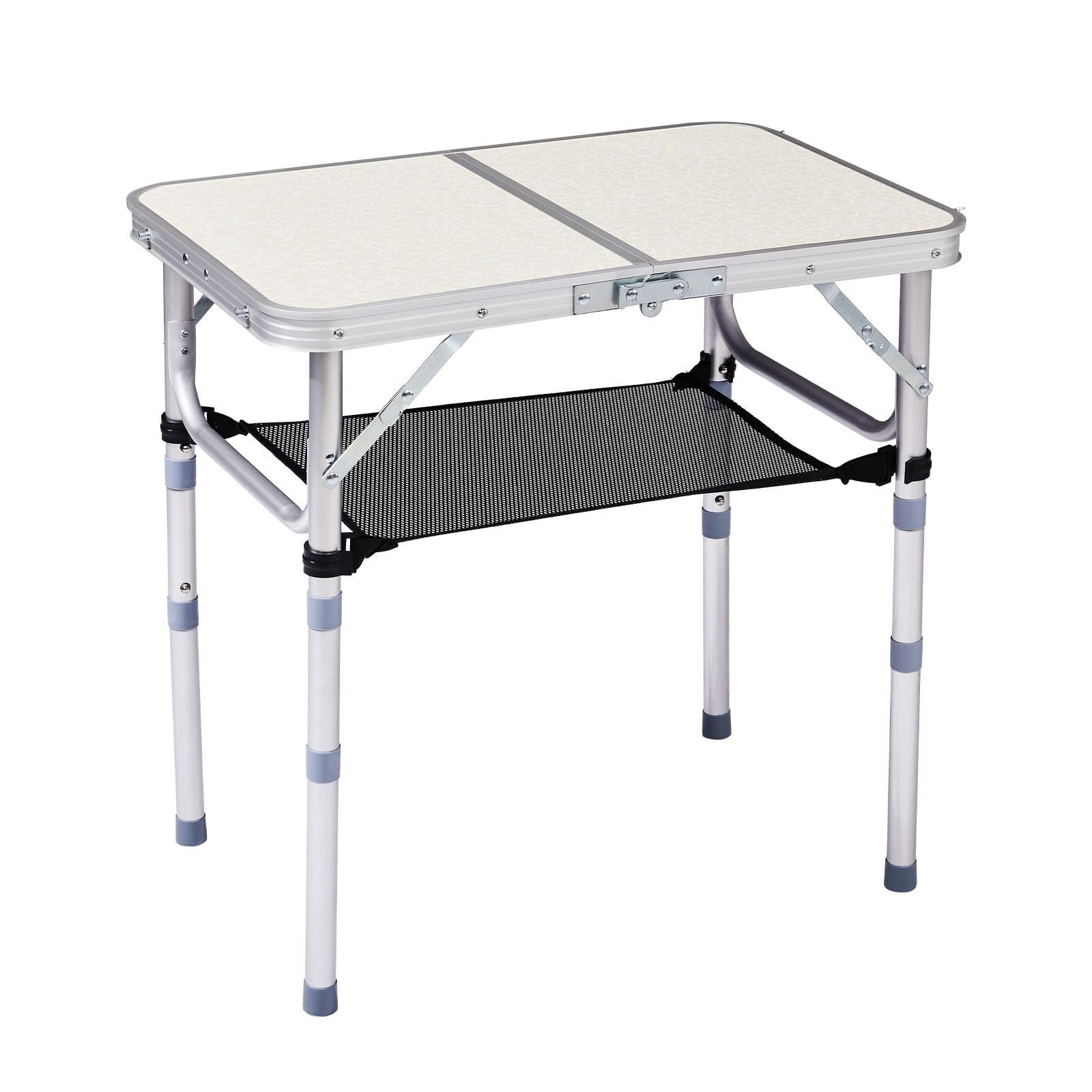 3 Height Adjustable Folding Camping Table with Mesh Storage Net, Portable Aluminum Foldable Table Built-in Carry Handle Supports 110lbs for Picnic Beach Patio Indoor Outdoor Use