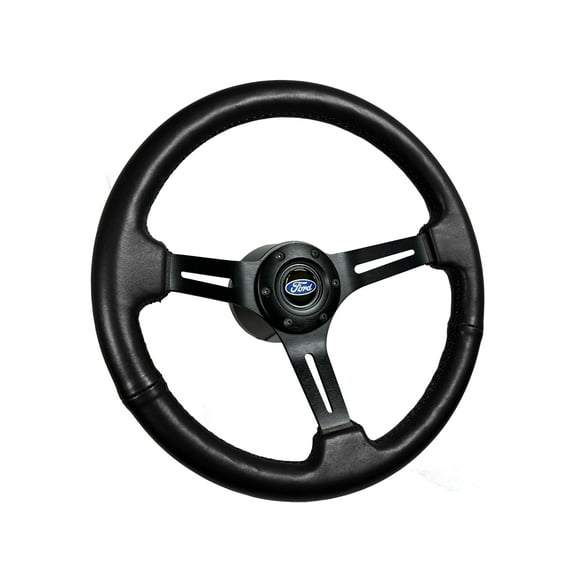 1968-1991 Ford Passenger/Truck; VSW S6 Black Leather Wrapped Steering Wheel Black Aluminum Kit with Classic Blue Oval Emblem