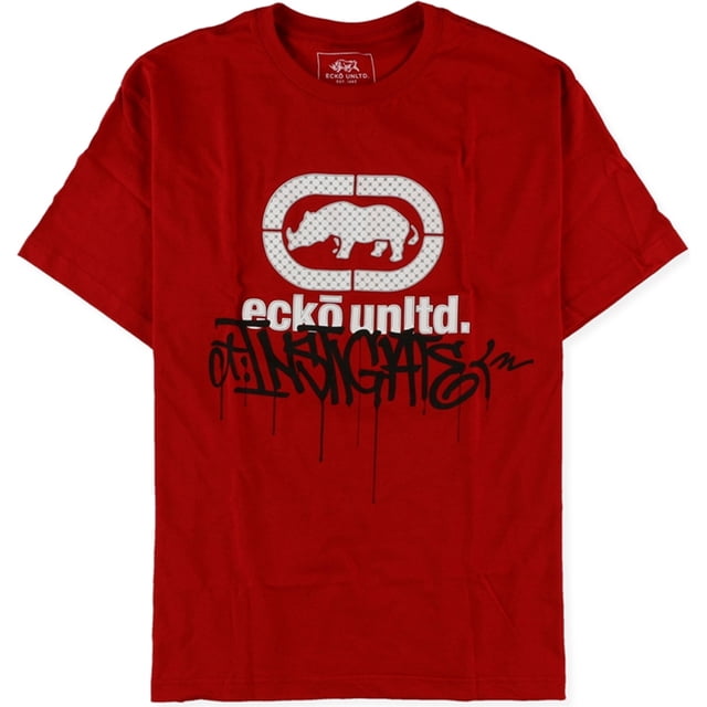 ecko unltd. camiseta estampada Vandal Drip Slim Fit para hombre, rojo, XX-Large: vista frontal centrada de camiseta roja slim fit con cuello redondo y manga corta; logo de rinoceronte blanco en óvalo punteado en el pecho, 'ecko unltd.' en blanco y grafiti negro con efecto de gotas; algodón 100% para uso informal.