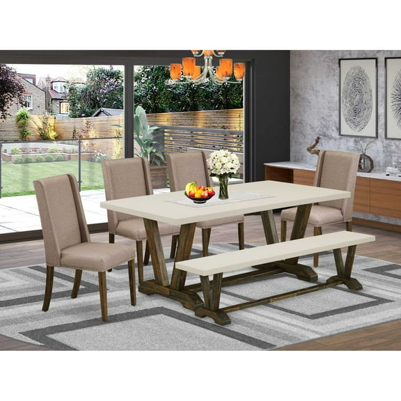 East West Furniture V-Style 6-piece Wood Dining Set with Linen Seat in Brown
