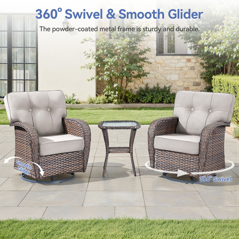 PARKWELL 7 Pieces Patio Furniture Set with Swivel Chairs, 7-Seat Wicker Conversation Set with Rattan Rocking Chair, Ottoman, Coffee Table and 5" Thick Cushion for Porch Deck, Brown/Beige