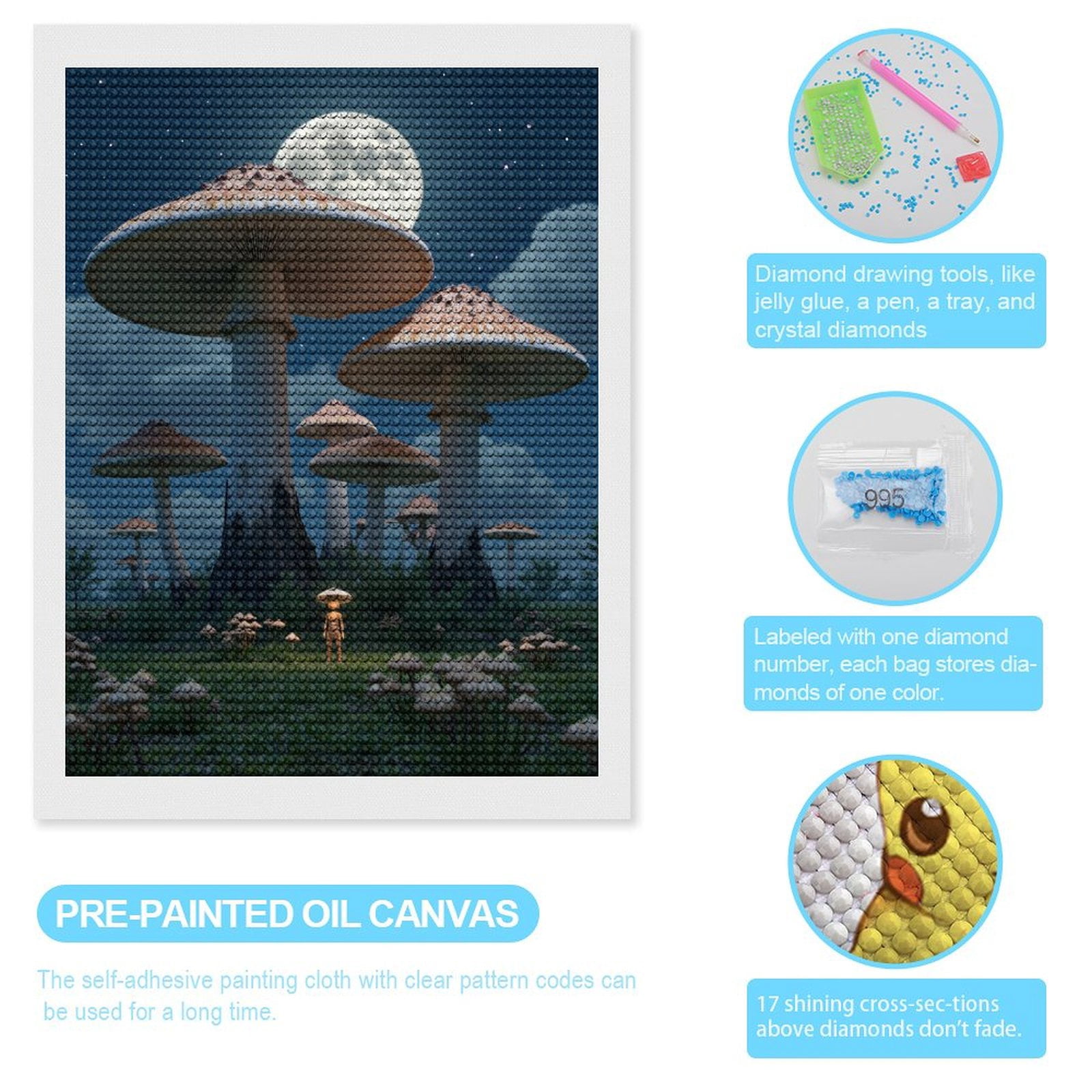 Diamond Art Kits for Adults, Fantasy Night Giant Mushrooms Moon 5D Diamond Painting Kits for Adults Beginners, DIY Full Drill Diamond Painting, Gem Art and Crafts 12x16