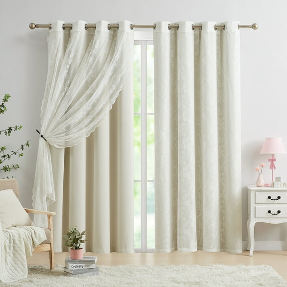 Bazaahm Beige Blackout Curtains with Sheer Overlay Mix and Match Double Layer Thermal Insulated Window Panels,Grommet Top,52" Wx84 Lx2