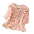 thumbnail image 3 of Women's Cotton Linen Short Sleeve Blouse Embroidered Button Down Summer, 3 of 9