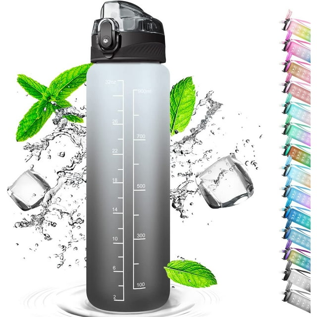 Botella con pajita 1L, botella de agua con marcas de tiempo, botella de agua sin BPA, 1 clic de apertura en botella de agua, botella de deporte, botella de bicicleta