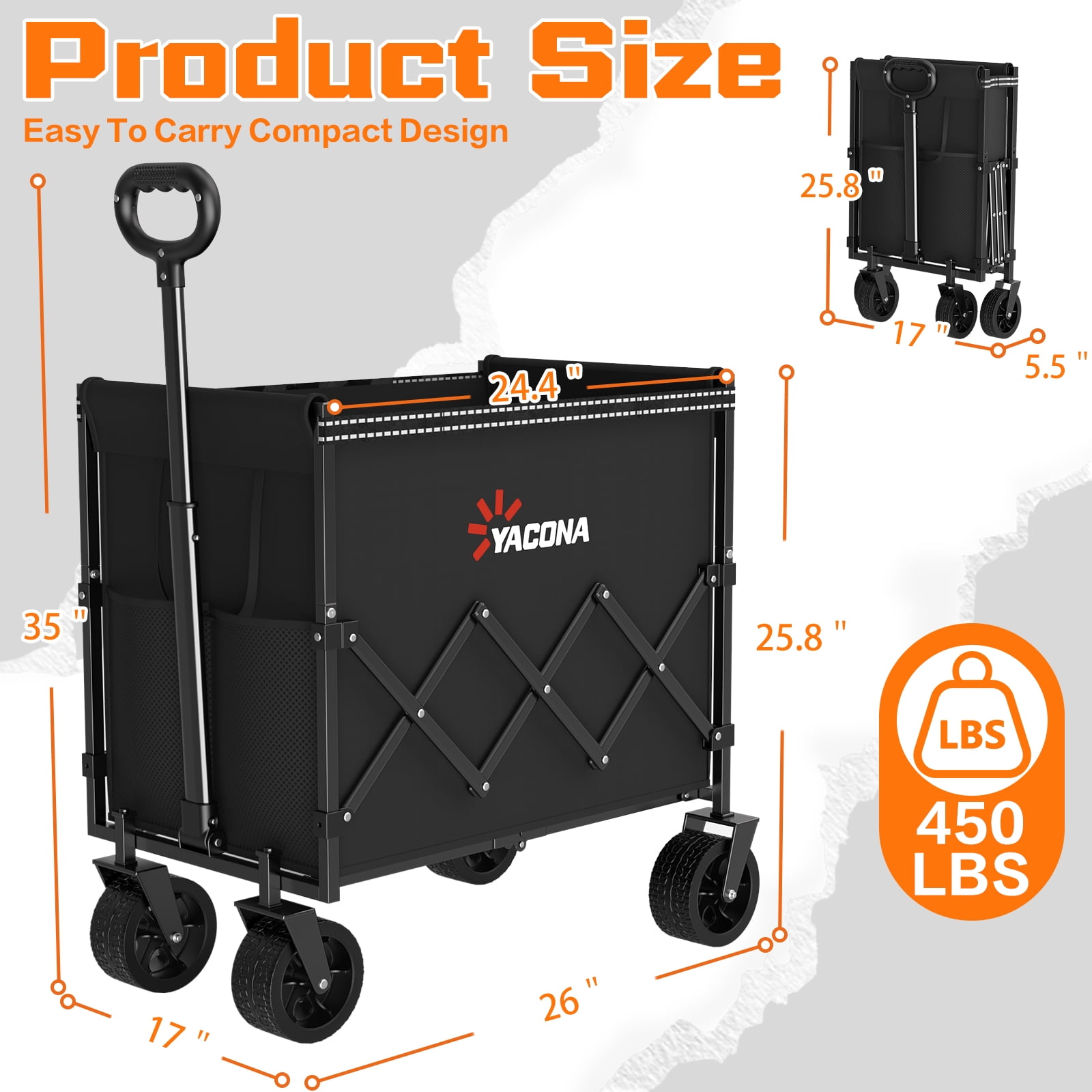 Yacona Wagons Carts Foldable, Large Capacity Collapsible Wagon, Heavy Duty Grocery Cart on Wheels, 450lbs, Black