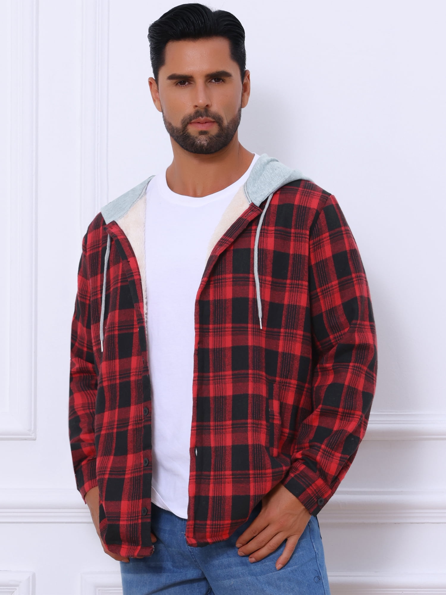DARING DIVA Men's Fleece Lining Drawstring Hooded Plaid Shirt Jacket L Black Red