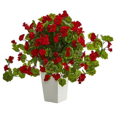 Nearly Natural 27" Geranium Artificial Plant in White Tower Planter, Red