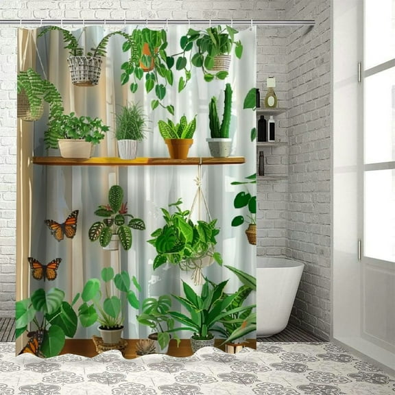 Orinice Green Potted Plant Shower Curtain, Boho Green Palm Leaf Cactus Plants Bathroom Decor Set, Waterproof Polyester Fabric Bath Curtain,  36x72