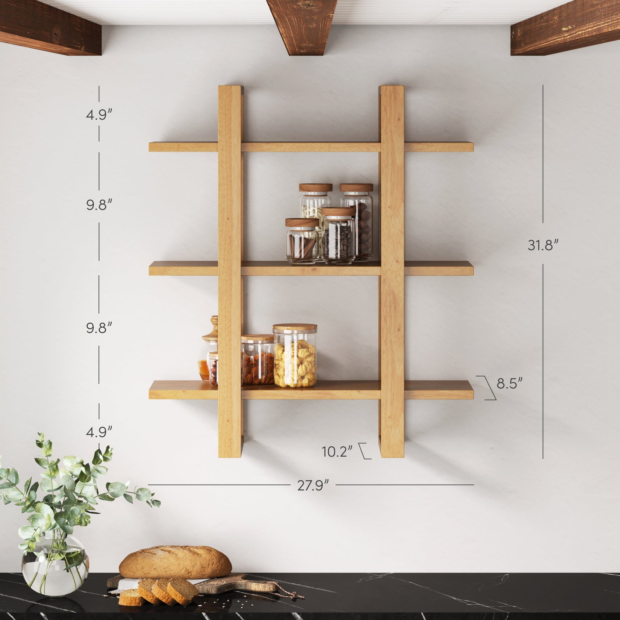 Nathan James Benji Floating Wall Book Shelves, 3-Tier Display Shelf, Decorative Modular Shelf in Solid Wood, Natural Brown
