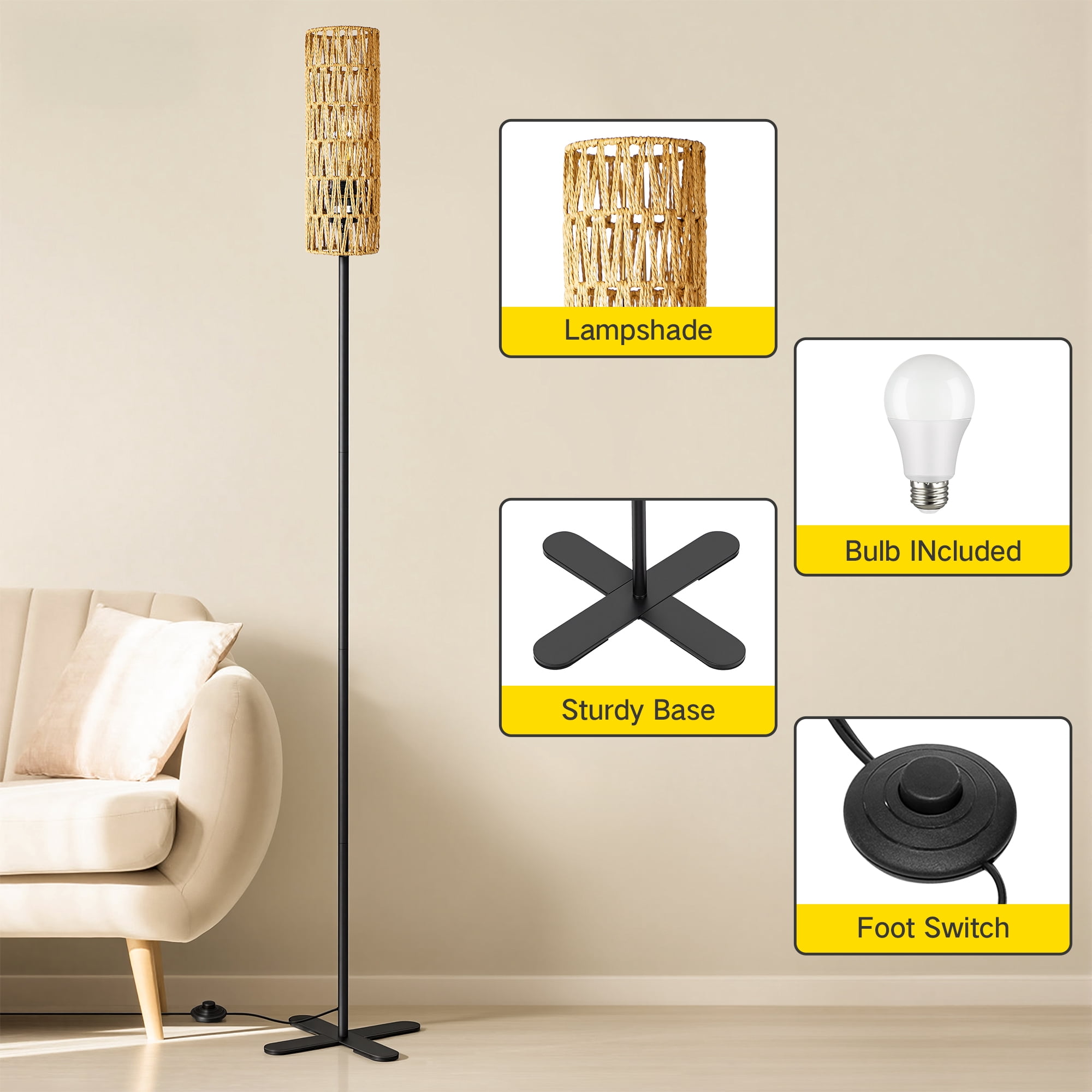 OUTON  Floor Lamps for Living Room Clearance, Dimmable, Minimalist Pole Lighting for Bedroom, Office, Kids Room, Bulb Included,  Rattan