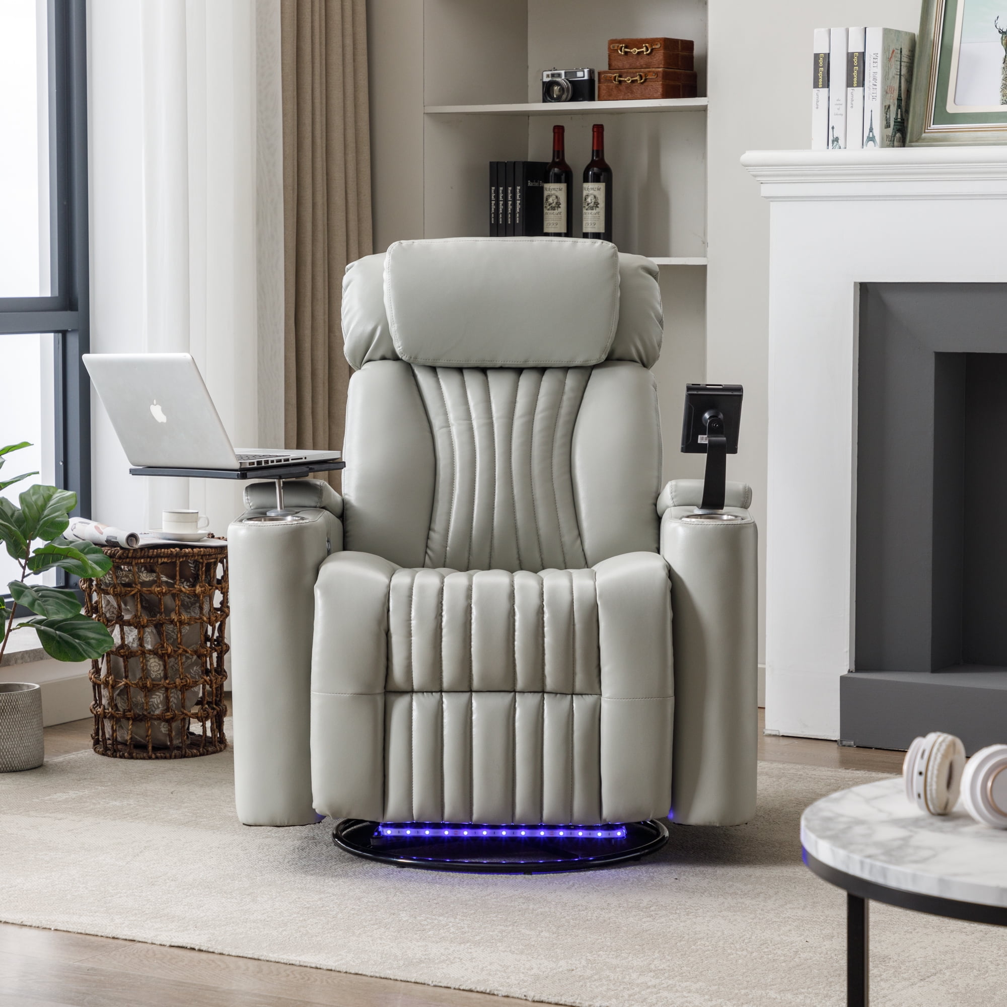 Harper & Bright Designs PU Power Swivel Recliner with Cup Holder, Home Theater Seating with Hidden Arm Storage and LED Light Strip, Grey