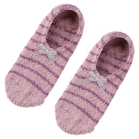 

FAIOIN Women Fuzzy Slipper Boat Socks Striped Sweet Bow Non Skid Warm Low Cut Hosiery