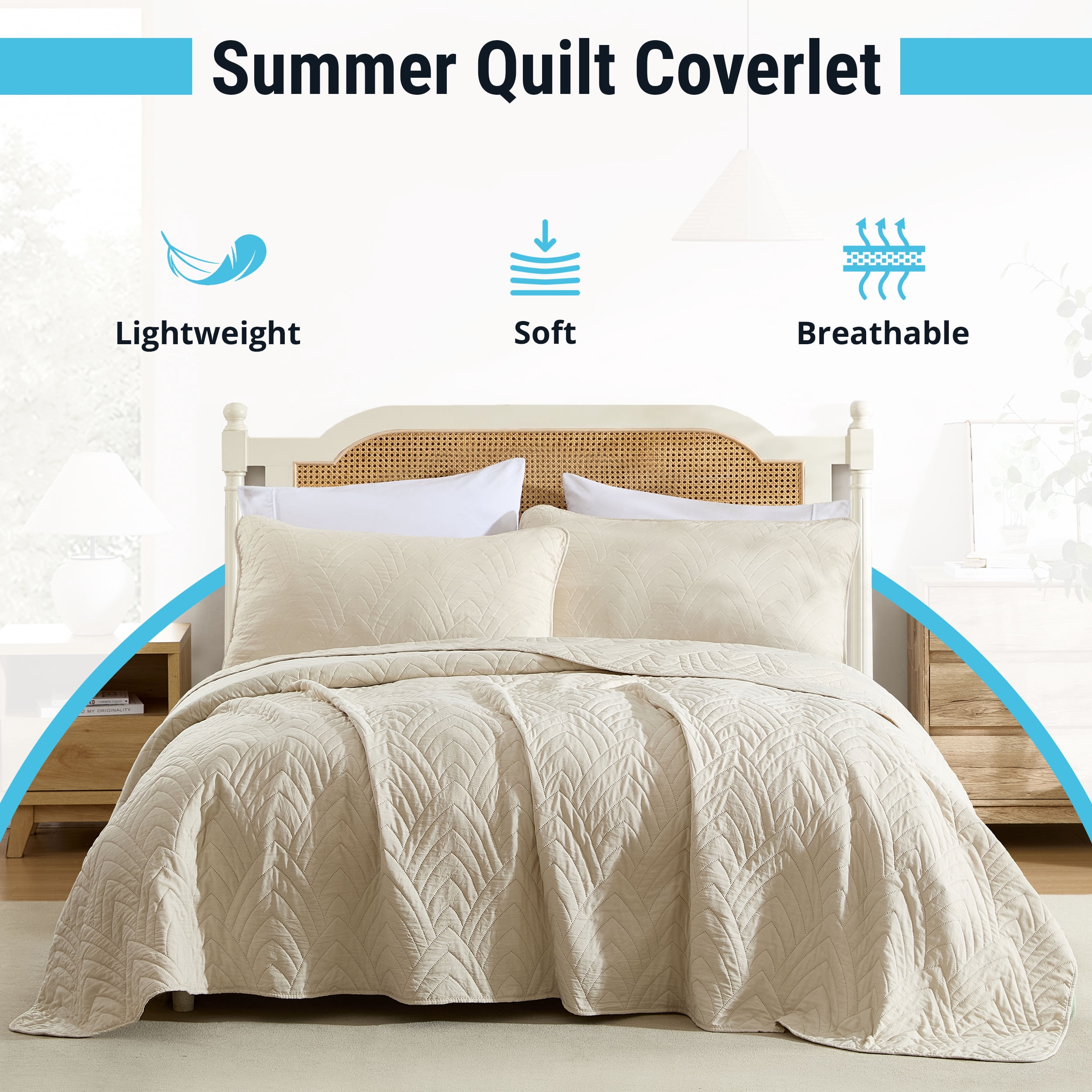 THD Winston - 3 Piece Full Queen Size Quilt Set, Lightweight Queen Bedspread Coverlet Set (Full/Queen, Beige)