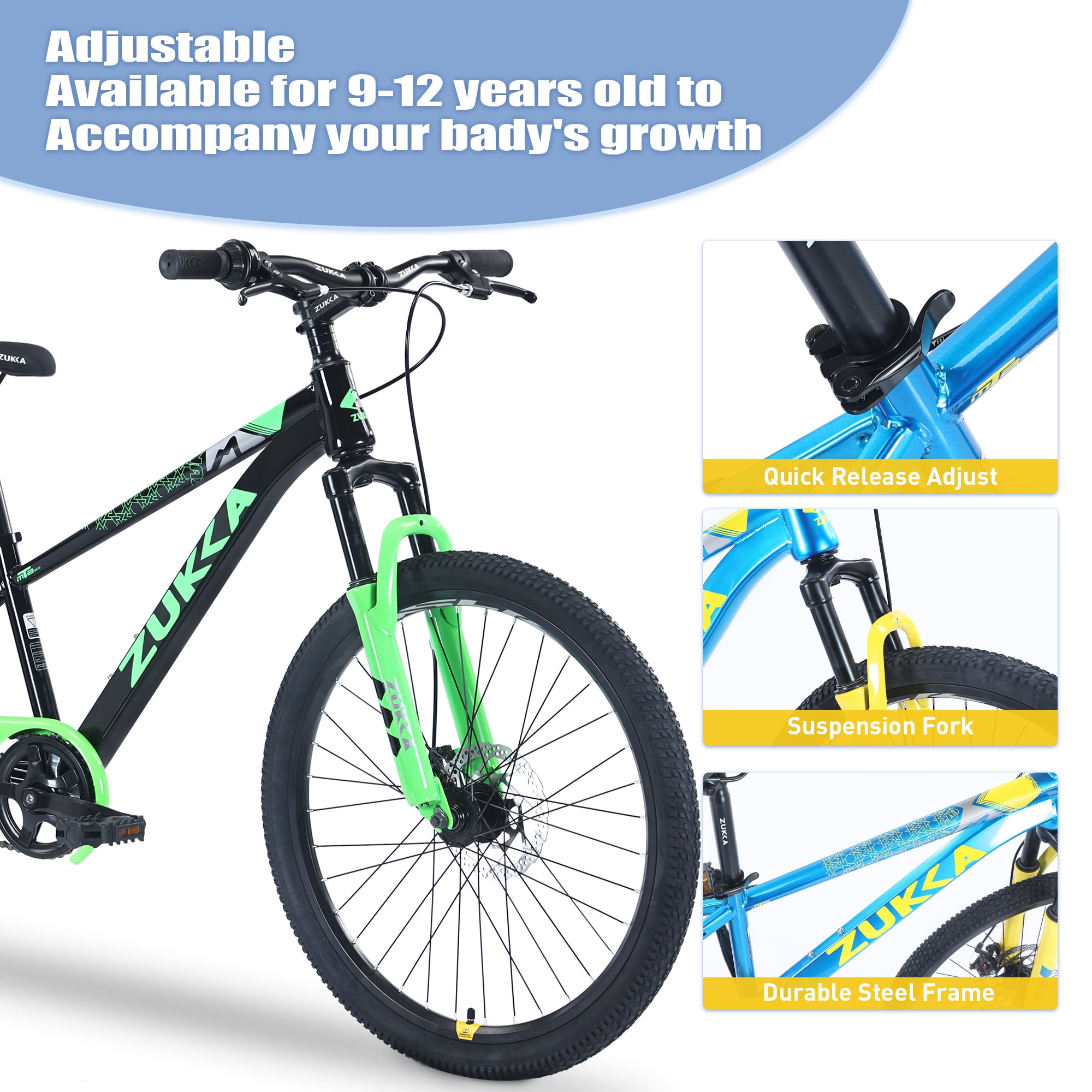 Aukfa 24" Kids Mountain Bike with Suspension Fork, Disc Brakes, MTB Frame, Ages 9–12,Blackish Green