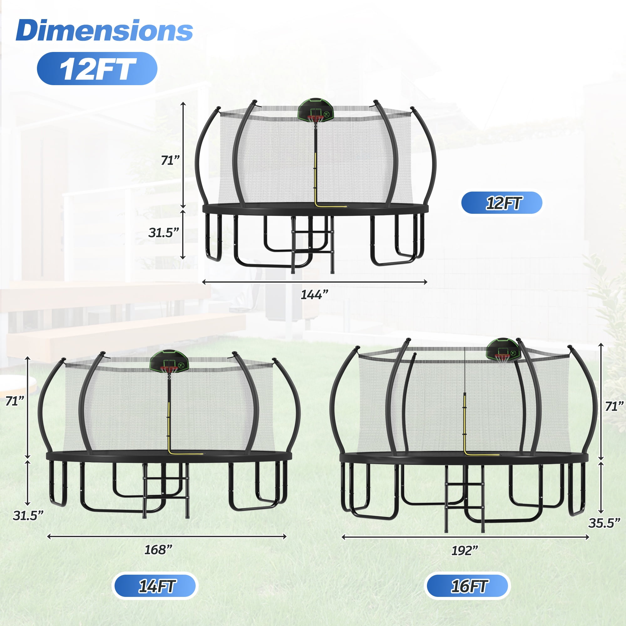 12FT 14FT 16FT Trampoline for Kids Adults with Basketball Hoop, Enclosure Net, 1500LBS Heavy Duty Outdoor Trampoline with Ladder, Recreational Round Trampoline, Pumpkin Outdoor Backyard Trampoline