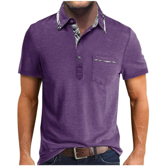 Shirts for Men DYTTDG Men's Lapel Button Short Sleeve T-Shirt with Pocket Tee Casual Sports Vintage Pullover Purple L