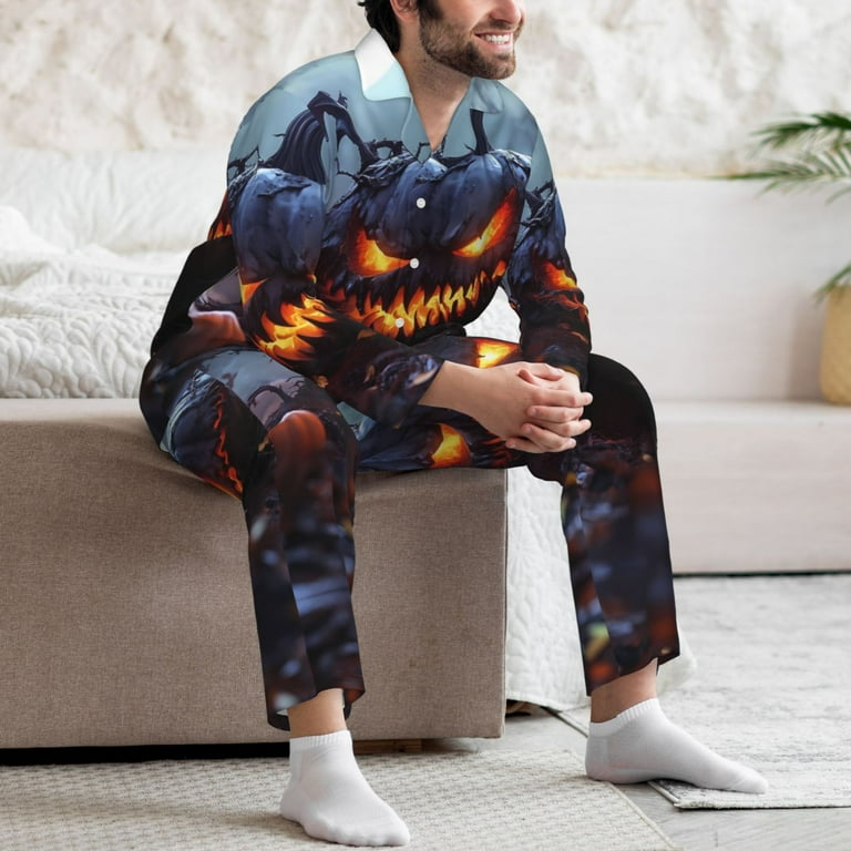 Halloween Costumes Mens Pajamas Set Halloween Pumpkin Monster D Halloween Pajamas Button Down Long Sleeve Loungewear Halloween Sleepwear Pjs sets for Men Walmart